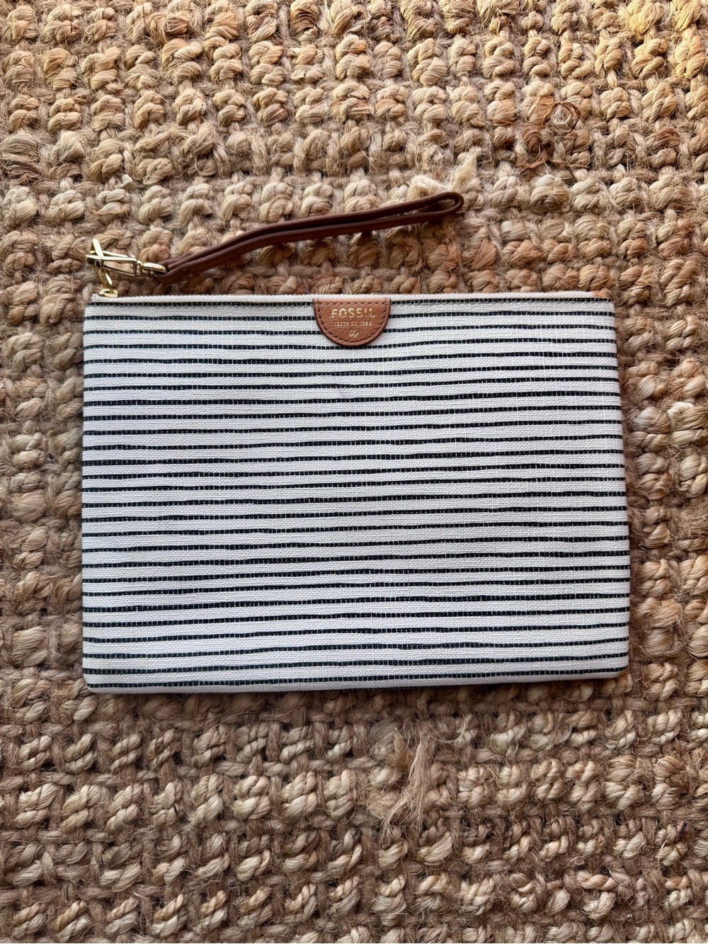 Fossil Black and White Striped Wristlet Clutch with Brown Leather Trim